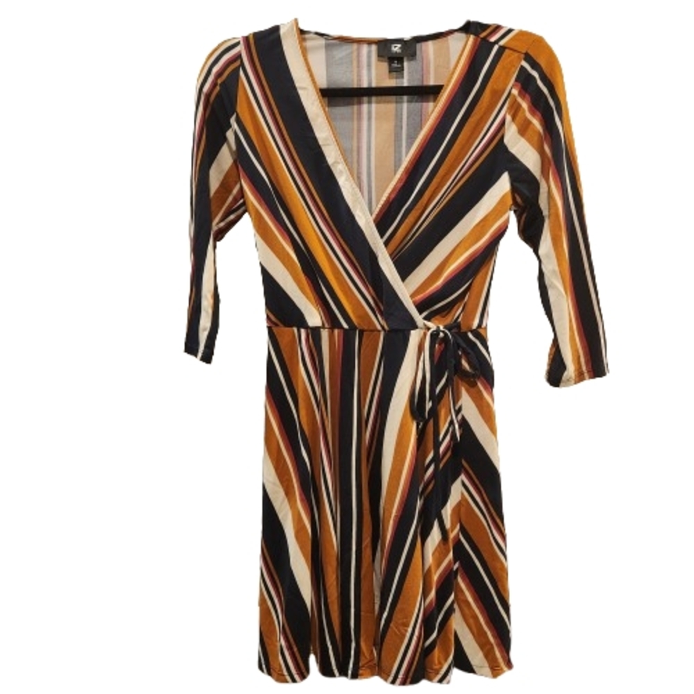 Orange and Black Wrap Dress with Tie Front and V-neck